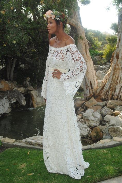 Handmade Bell Sleeve Crochet Lace Bohemian Wedding Dress
