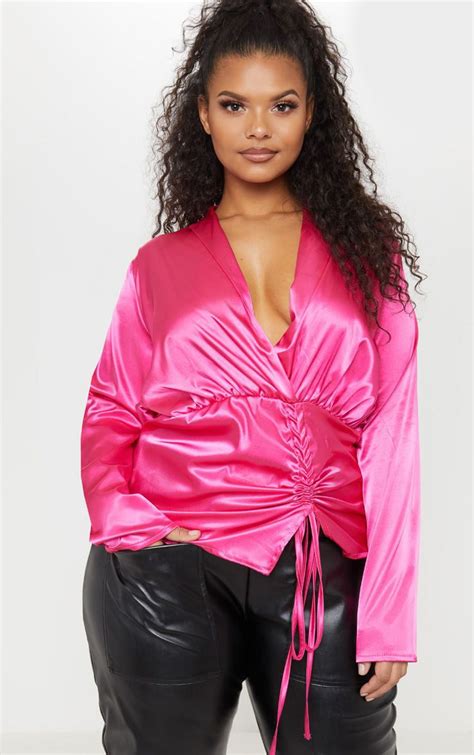 Plus Pink Satin Ruched Side Blouse Prettylittlething Usa