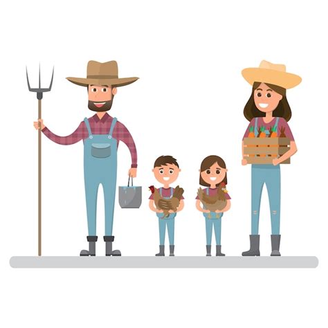 Personagem De Desenho Animado Família Fazendeiro Feliz Na Fazenda Rural