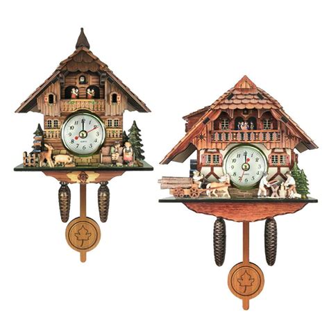 2x Retro Style Wooden Frame Cuckoo Clock Wall Clock Kids Room Decor