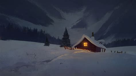Cabin On Winter Night Image Abyss