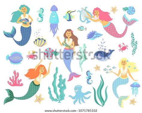 Underwater Life Collectioncute Fish Girls Characters Stock Illustration