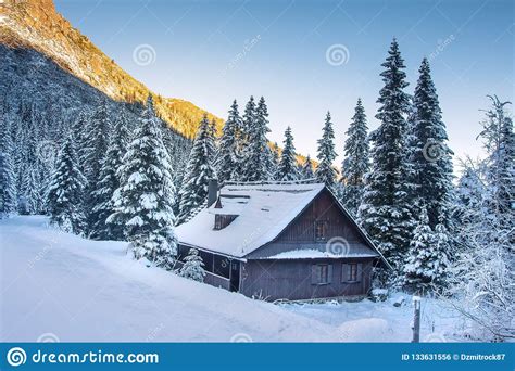 Winter Mountain Landscape Of Wooden House In Snowy Forest Stock Photo
