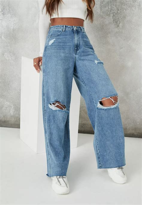 Missguided Blue Knee Rip Baggy Boyfriend Jeans In 2021 Ripped Jeans