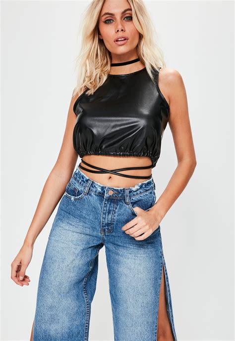 Missguided Black Faux Leather Wrap Crop Top Lyst