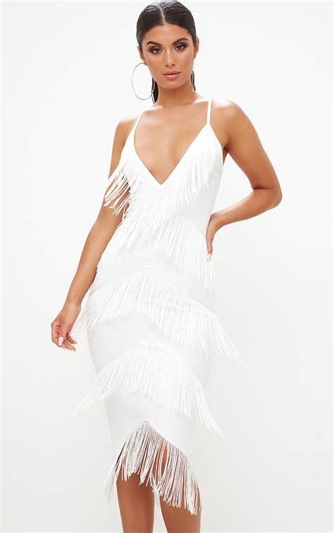 White Strappy Tassel Longline Midi Dress Dresses Prettylittlething