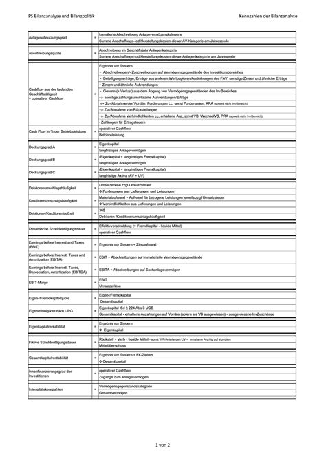 Formelsammlung PS Bilanzanalyse Und Bilanzpolitik Kennzahlen Der