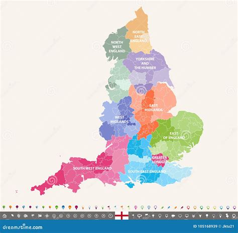 England Ceremonial Counties Vector Map Colored By Regions Stock Vector