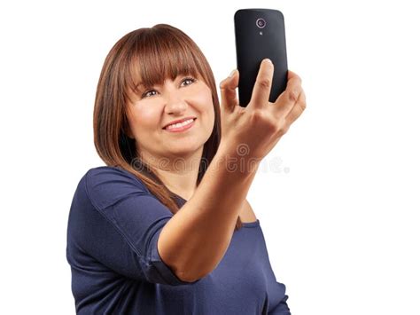 brunette woman taking selfie isolated stock image image of phone model 77743821
