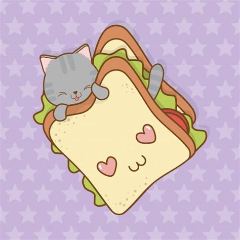 Cute Little Cat With Sandwich Kawaii Character Character Vector