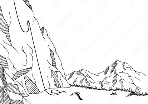 Cliff Mountaineering Graphic Art Black White Landscape Sketch