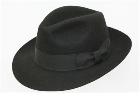 Gents Wide Brim Black Wool Fedora Hat Hand Made Felt Trilby With Ribbon