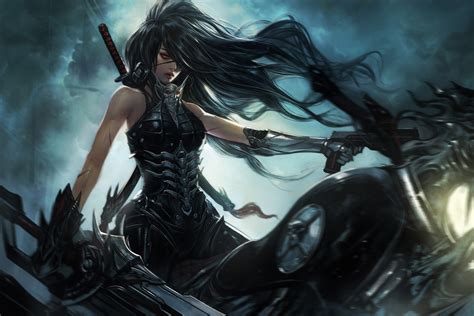 Download Sword Black Hair Long Hair Woman Warrior Gun Fantasy Women