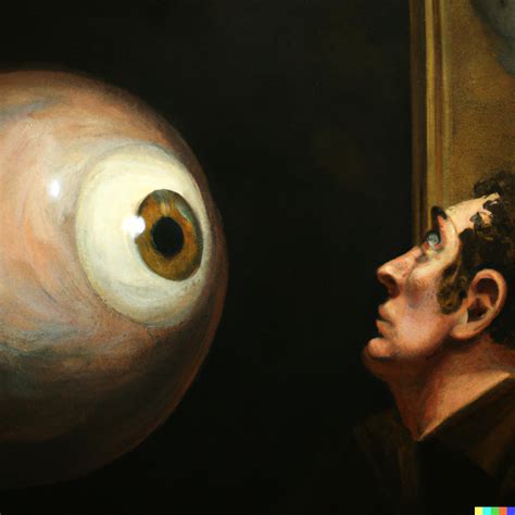 A Man Looks Up At The Giant Floating Eyeball Horror A Painting By