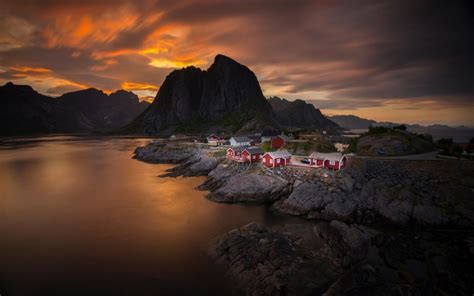 Norway Sky Clouds Sunset Sea Mountain Village House Wallpaper