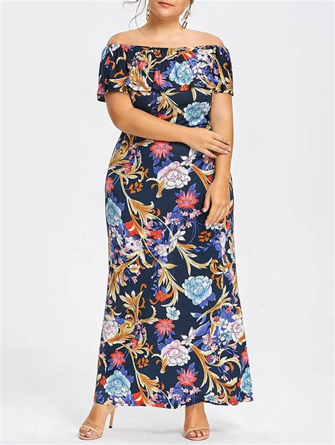 21 Off Plus Size Off Shoulder Floral Maxi Summer Dress Rosegal