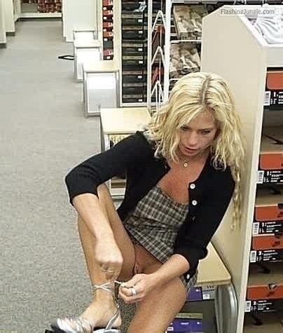 Blonde With No Panties In Shoe Store Flashing Store Pics No Panties