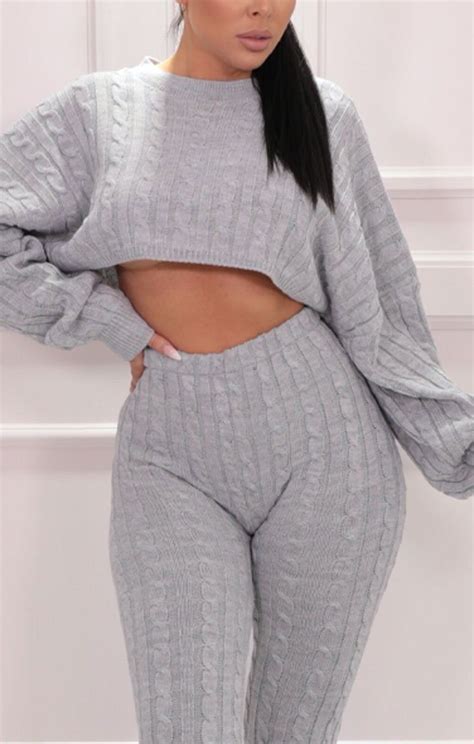 Grey Cable Knit Cropped Jumper Leggings Co Ord Co Ords Femme Luxe Uk