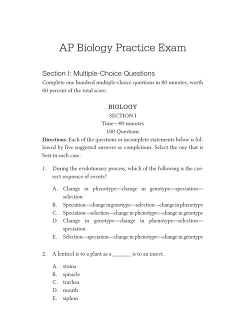 Ap Biology Practice Exam Section I Multiple Choice Questions