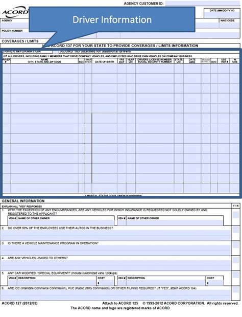 Simply Easier Acord Forms Acord 127 Driver Information And Coverage