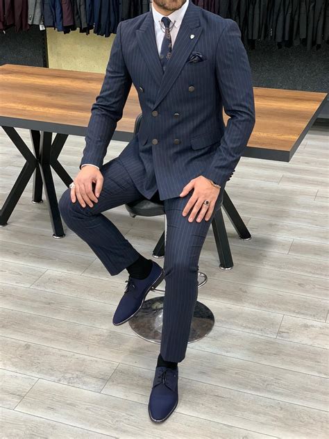Buy Navy Blue Slim Fit Double Breasted Pinstripe Suit Blue Slim Fit
