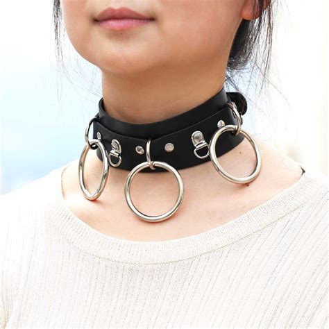 sexy 3 ring choker with chains slave holographic laser pastel leather o ring choker bondage