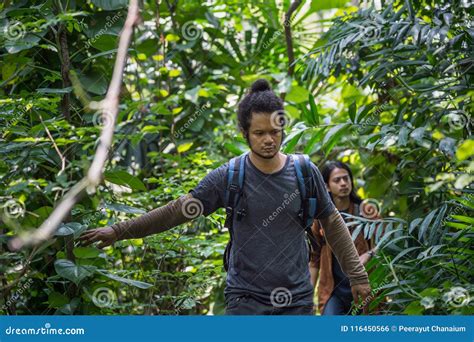 Travelers Walking Through Jungle Two Man Hiking In Forest Dense Concept Of Travel Relax