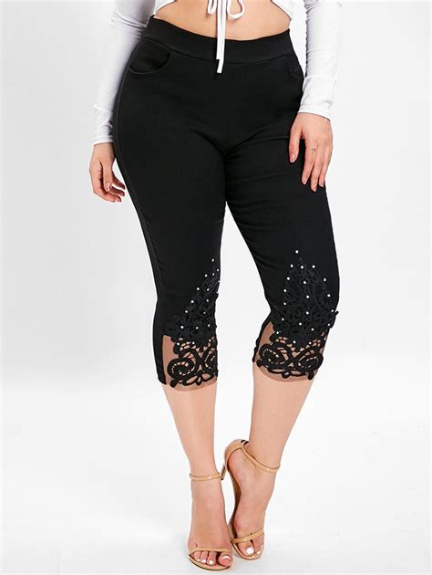 Off Plus Size Lace Panel Capri Leggings In Black Dresslily