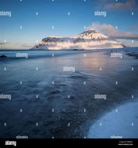 Skagsanden Beach In Winter Flakstadøy Lofoten Islands Norway Stock