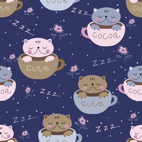 Seamless Pattern Cute Kittens Sleep Sweetly In Mugs Pajama Print For