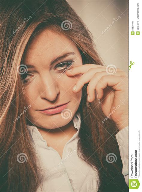 Sad Woman Cry Alone And Touch Face Stock Image Image Of Negative