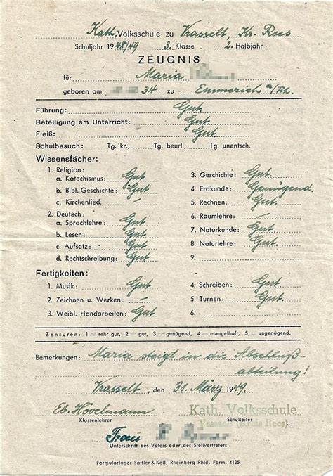 Dateizeugnis Katholische Volksschule Vrasselt Kreis Rees 1949