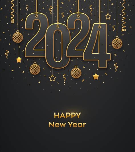 Premium Vector Happy New Year 2024 Hanging On Gold Ropes Numbers 2024