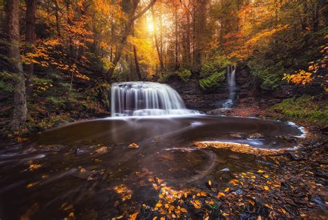 Photography Nature Landscape Fall Waterfall Forest Sunlight Leaves Colorful Long
