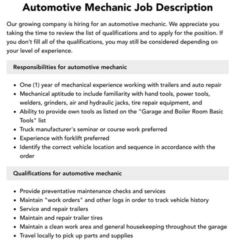 Automotive Mechanic Job Description Velvet Jobs