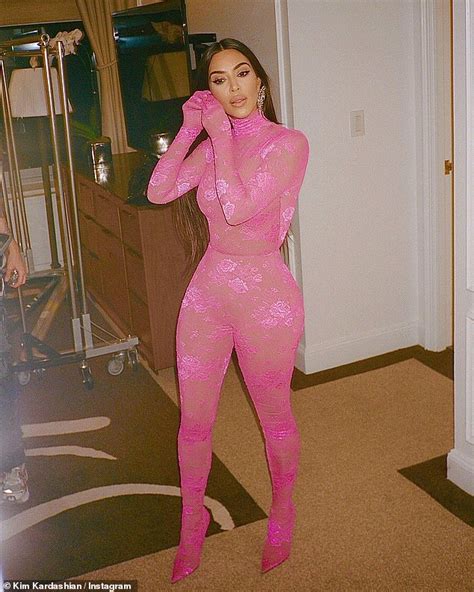 kim kardashian shows off her hourglass curves in a sheer lace pink bodysuit duk news
