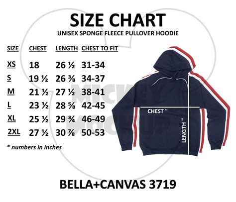 Size Chart Bellacanvas 3719 Hoodie Pullover Size Chart Etsy