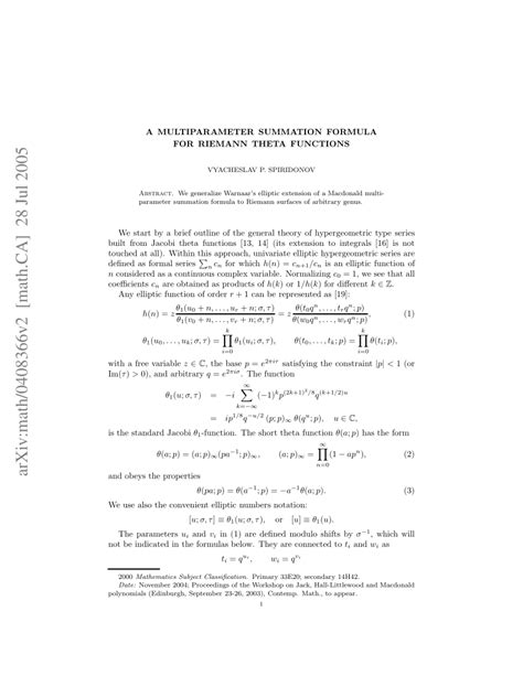 PDF A Multiparameter Summation Formula For Riemann Theta Functions