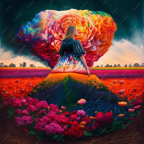 Premium Photo A Painting Of A Woman Walking Through A Field Of Flowers