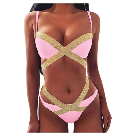 Hamboder Women Swimsuit Swimming Padded Swimming Sexy Gold Stamping Printing Cut Out High Cut