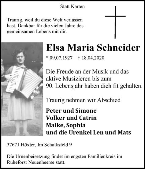 Traueranzeigen Von Elsa Maria Schneider Westfalen Blattde