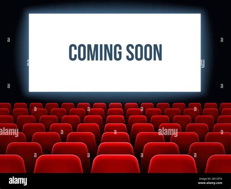 Cinema Hall Movie Interior With Coming Soon Text On White Screen And