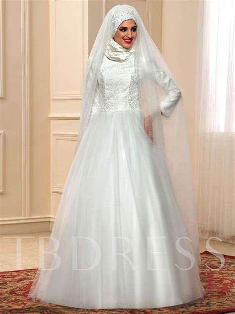 Lace Tulle Long Sleeve A Line Arabic Muslim Wedding Dress Muslim Wedding Dress Wedding