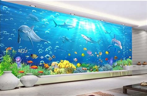 Custom Mural Photo 3d Wall Paper Shark Dolphins Coral Reefs Living Room