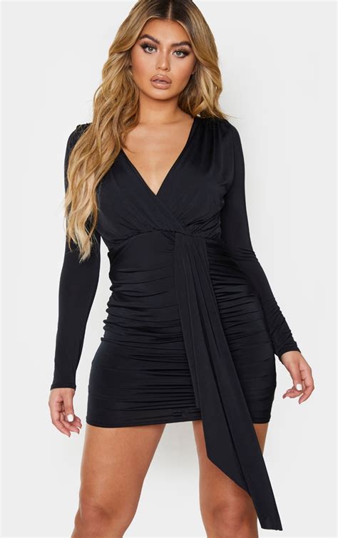 Black Slinky Ruched Front Drape Detail Dress Prettylittlething Ie