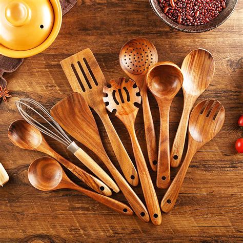 Classic 8 Pieces Wooden Utensil Set Natural Teak Wood Kitchen | Etsy