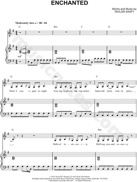 Taylor Swift Enchanted Sheet Music In G Major Transposable