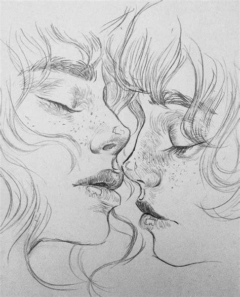A Drawing Of Two Women Kissing Each Other With Their Eyes Closed And