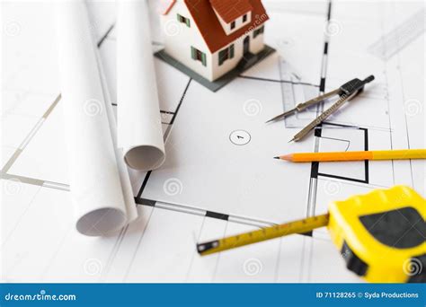 Close Up Of Architectural Blueprint And Tools Stock Image Image Of