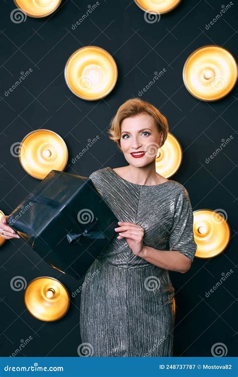 Beautiful Mature Woman With Black Present T Box Stock Image Image Of Attractive Clothes